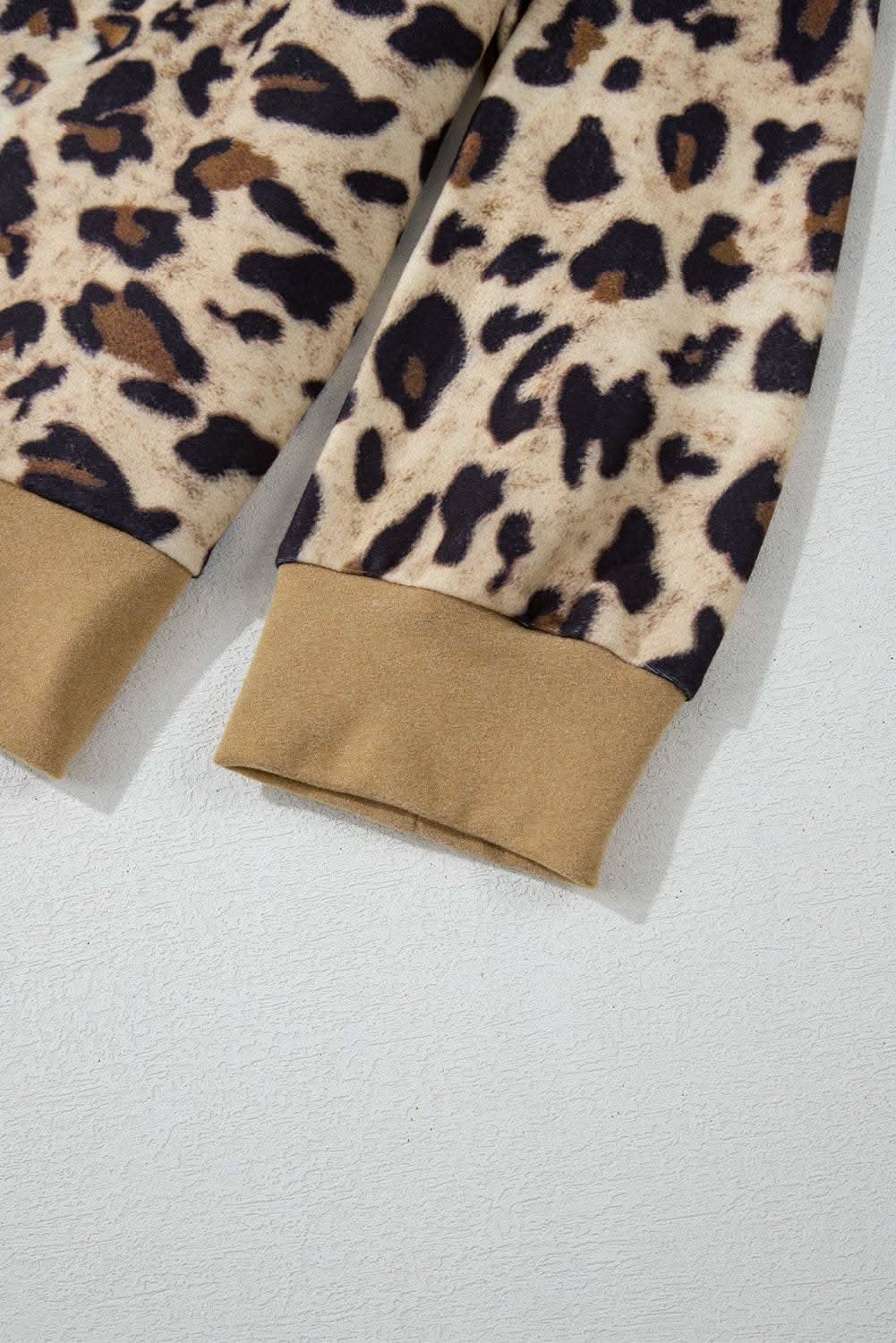 Light French Beige Leopard Print Patchwork Raglan Sleeve Half Buttons Hoodie - Love Salve